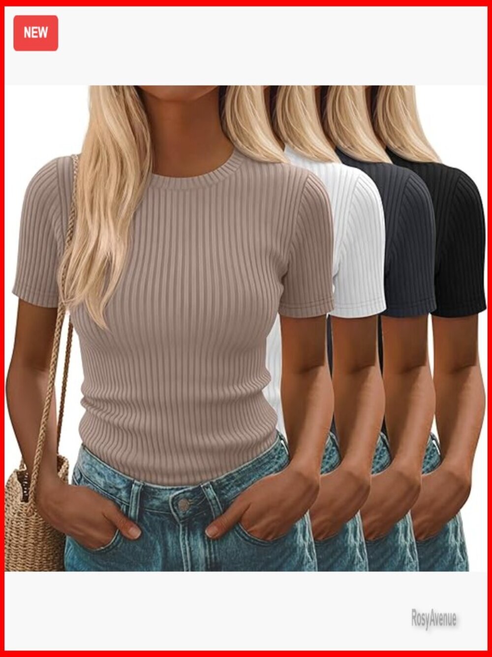 4 Pack Ribbed Short Sleeve T-Shirts Women Fitted Crew Neck Casual Basic Tees